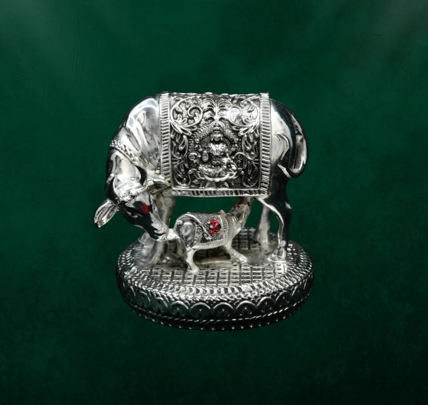 Sacred Kamdhenu 999 Silver Plated Cow & Calf Artifact