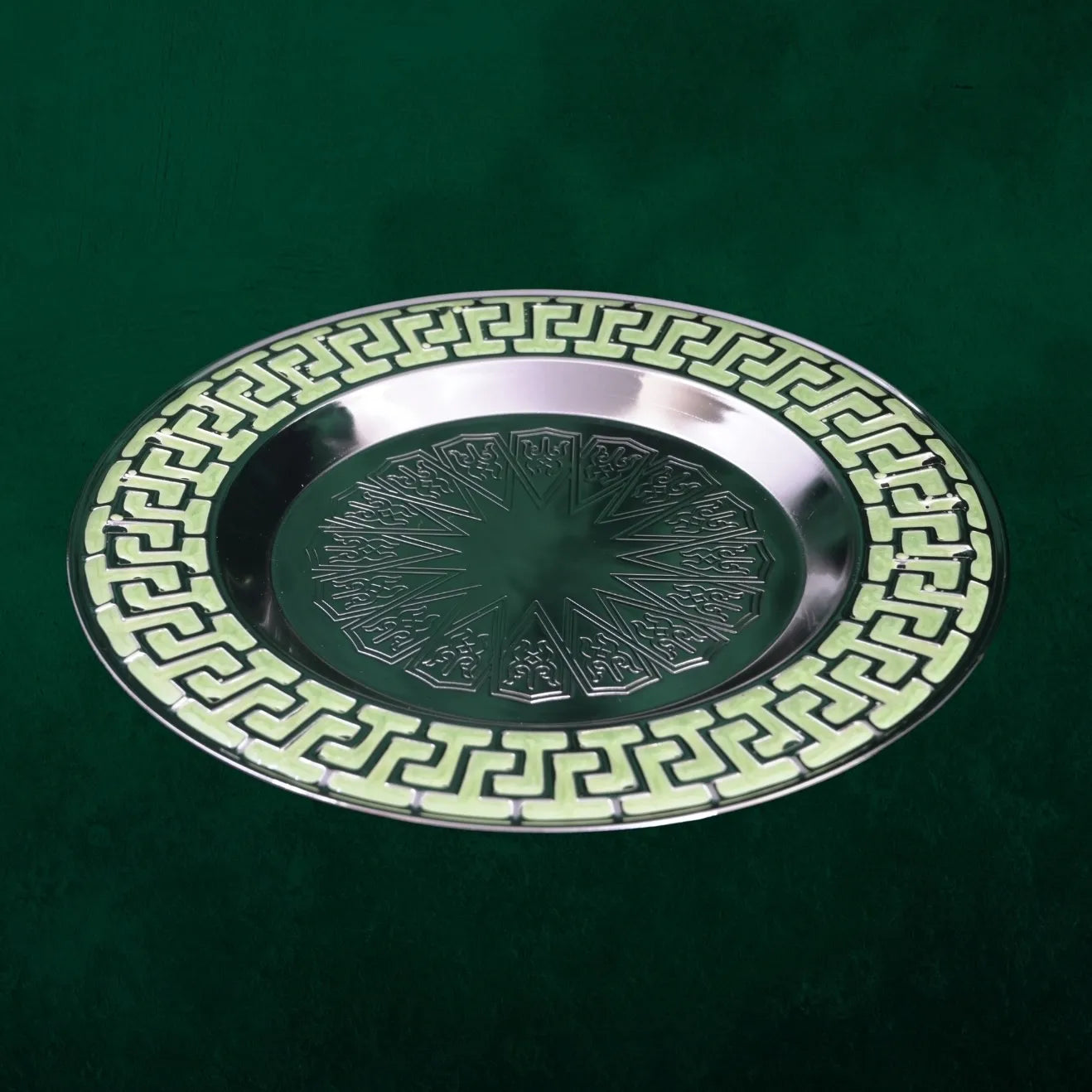 Designer Silver Serving Plate with Geometric Border