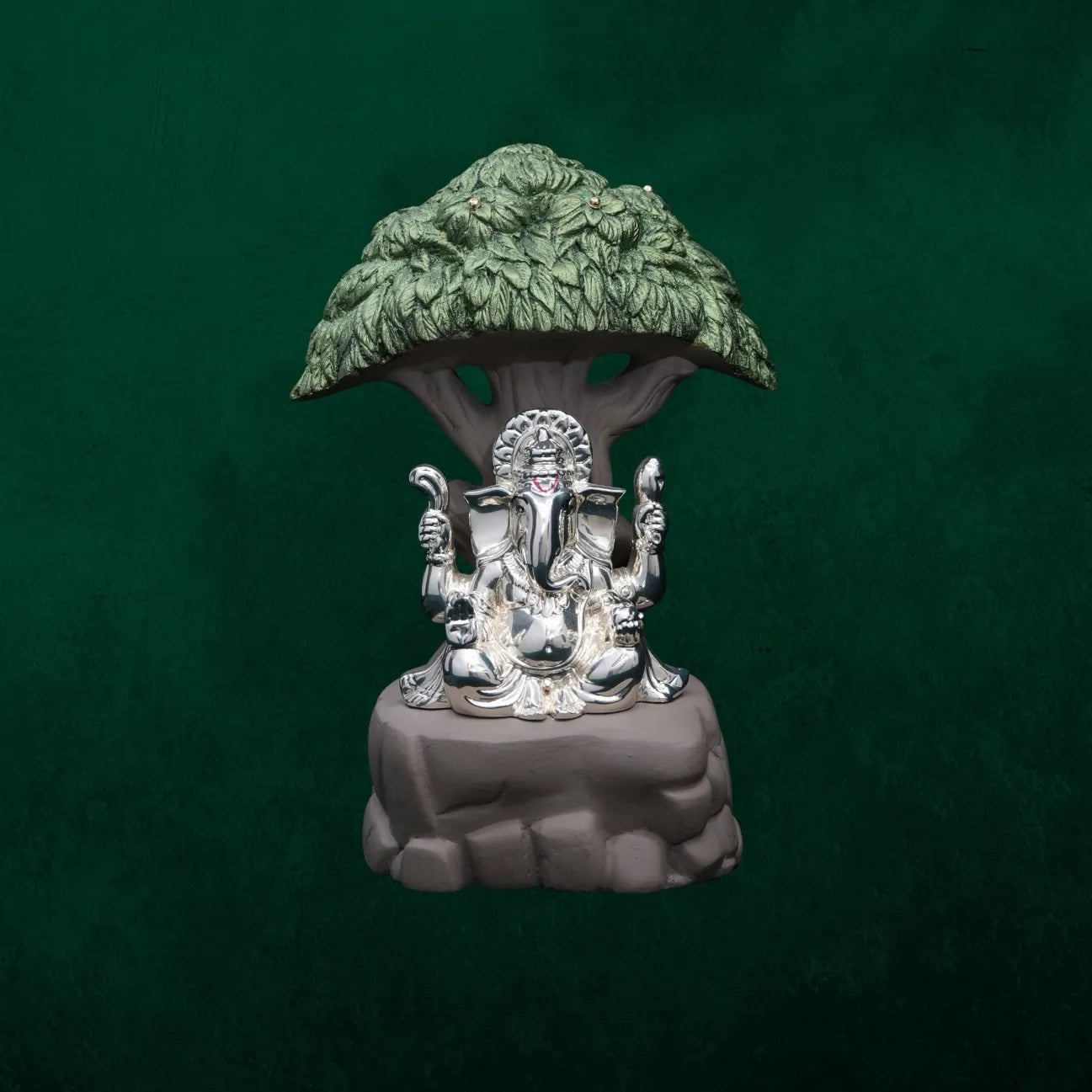 Lord Ganesha 999 Silver Plated Decorative Idol with Tree Backdrop