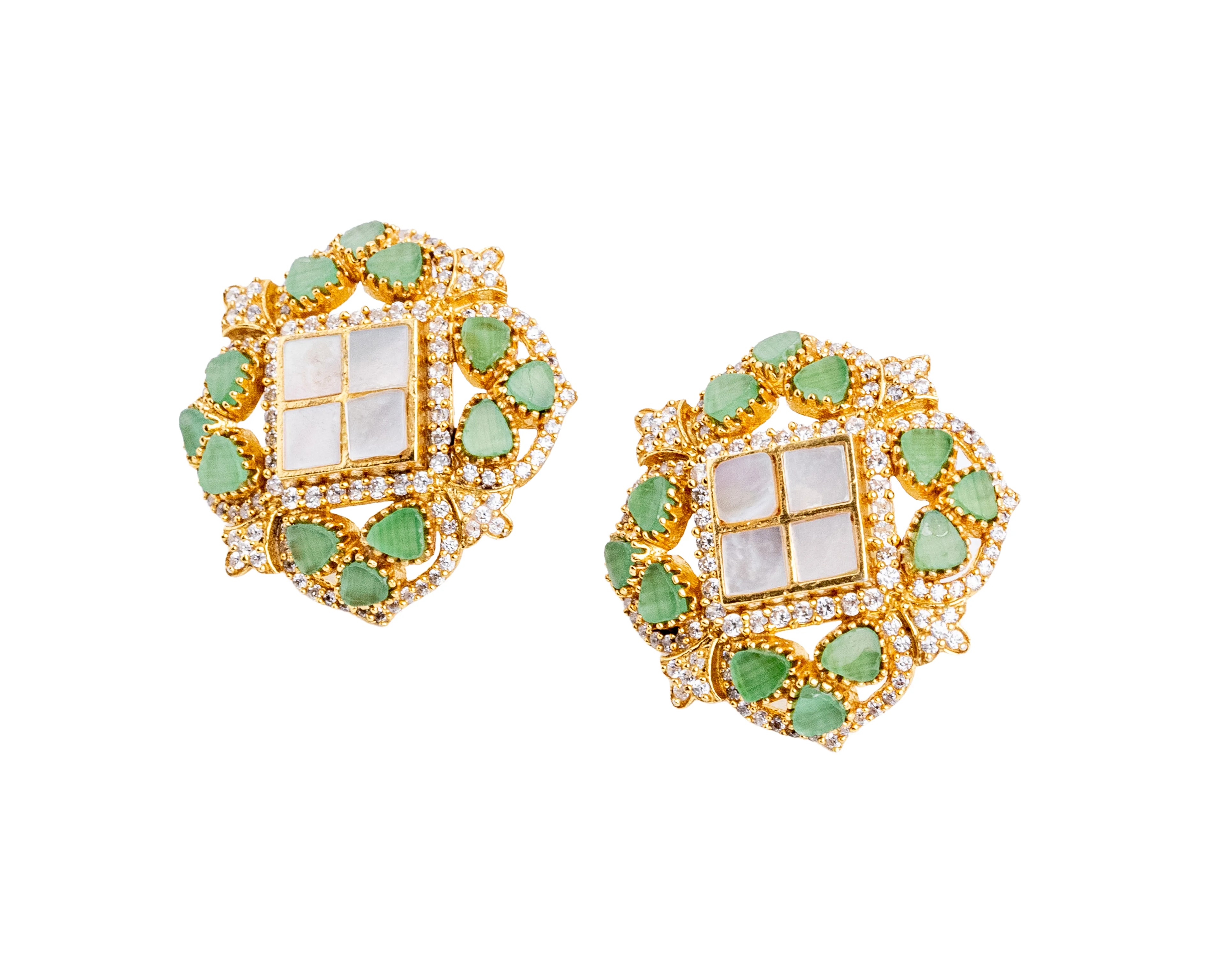 Noor Meher 925 Silver Green Stone Floral Stud Earrings