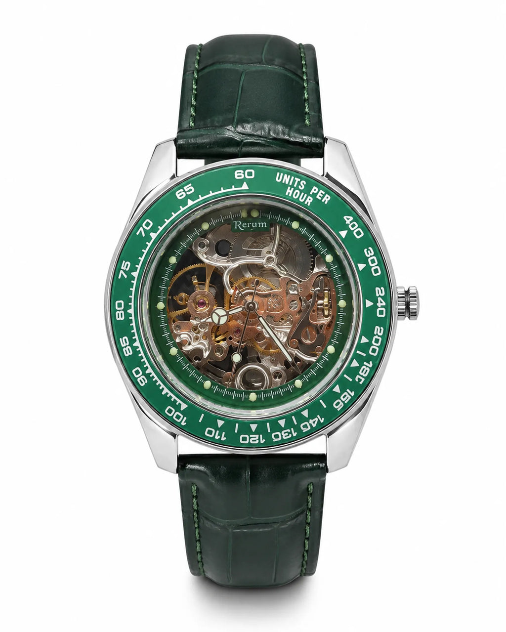 925 Silver Automatic Skeleton Watch with Genuine Leather Strap – Green Dial Edition