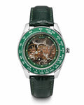 925 Silver Automatic Skeleton Watch with Genuine Leather Strap – Green Dial Edition