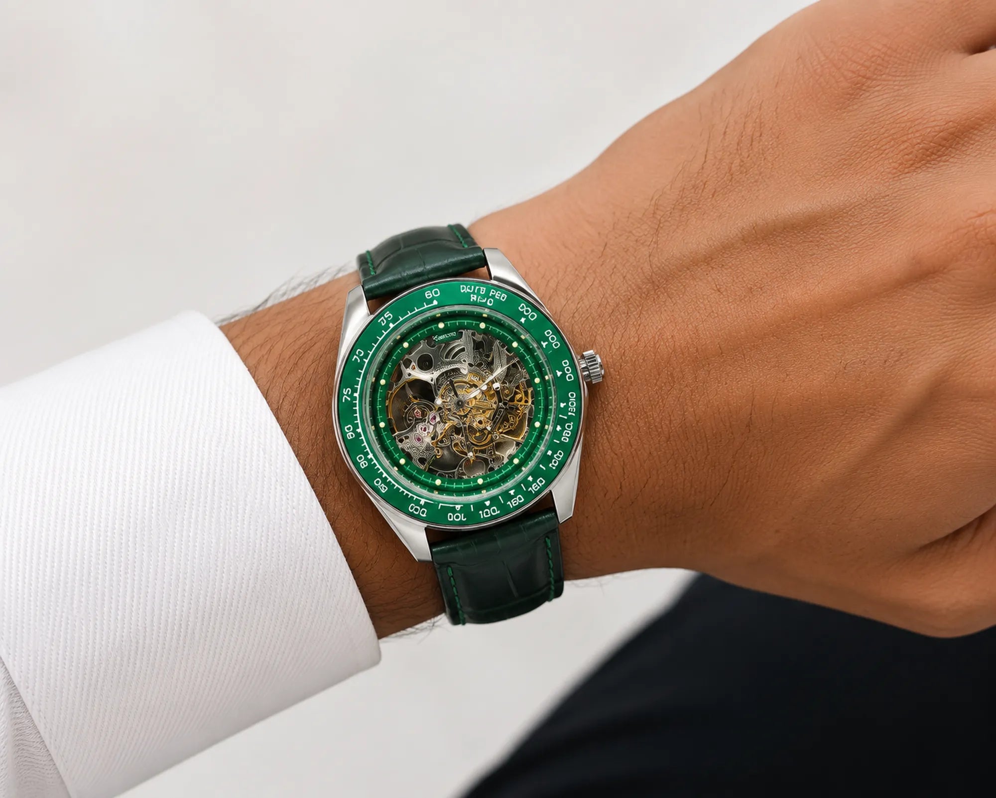 925 Silver Automatic Skeleton Watch with Genuine Leather Strap – Green Dial Edition