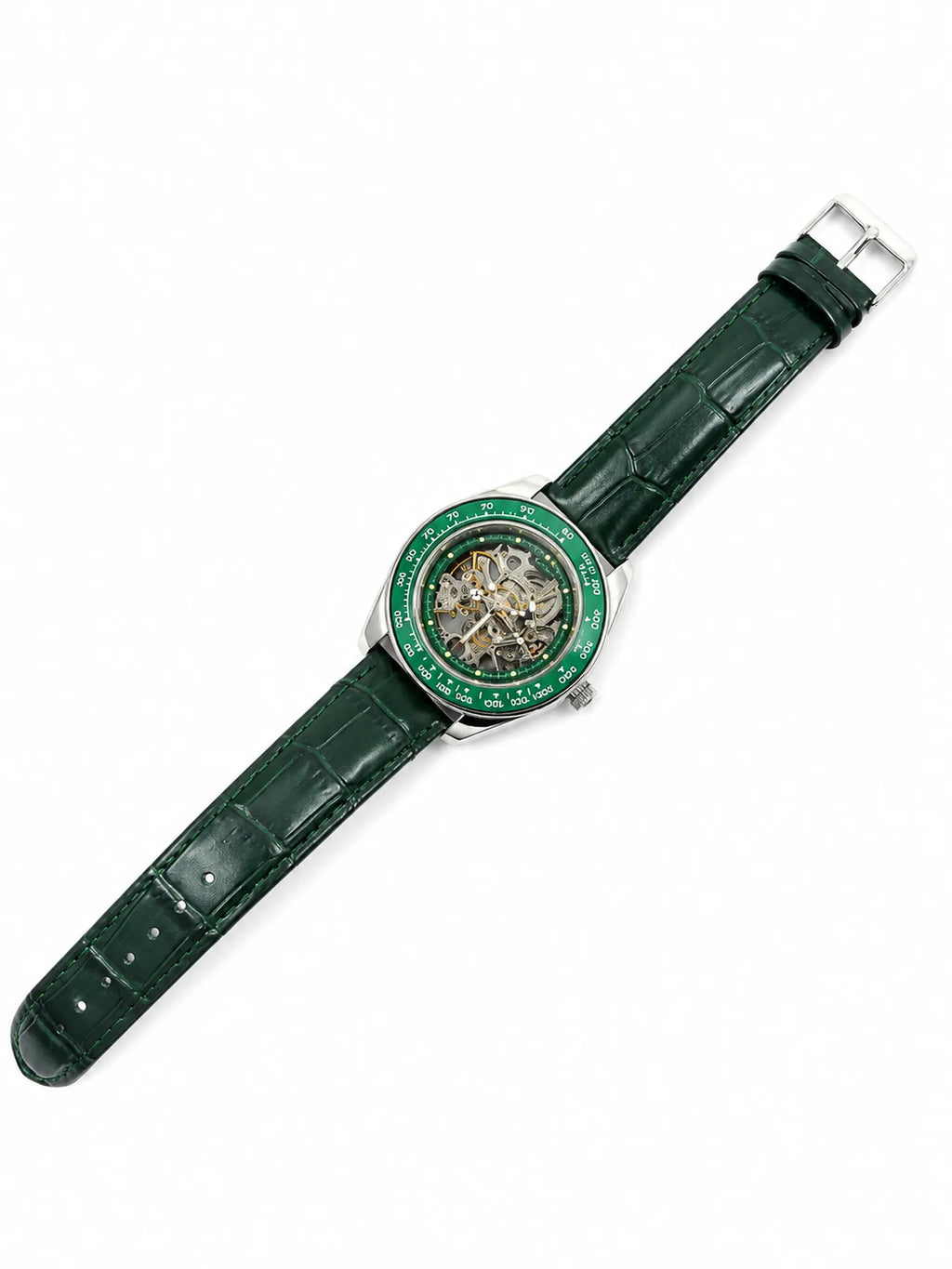925 Silver Automatic Skeleton Watch with Genuine Leather Strap – Green Dial Edition