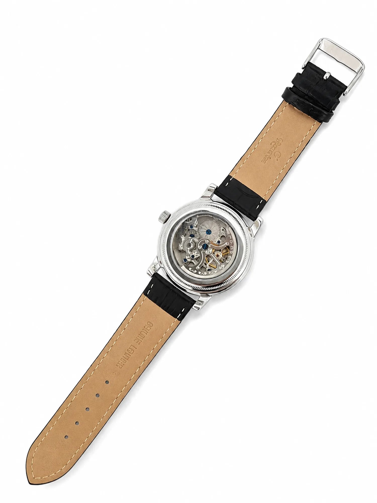 925 Silver Automatic Roulette Dial Watch with Genuine Leather Strap
