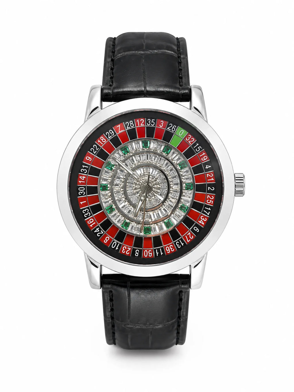 925 Silver Automatic Roulette Dial Watch with Genuine Leather Strap