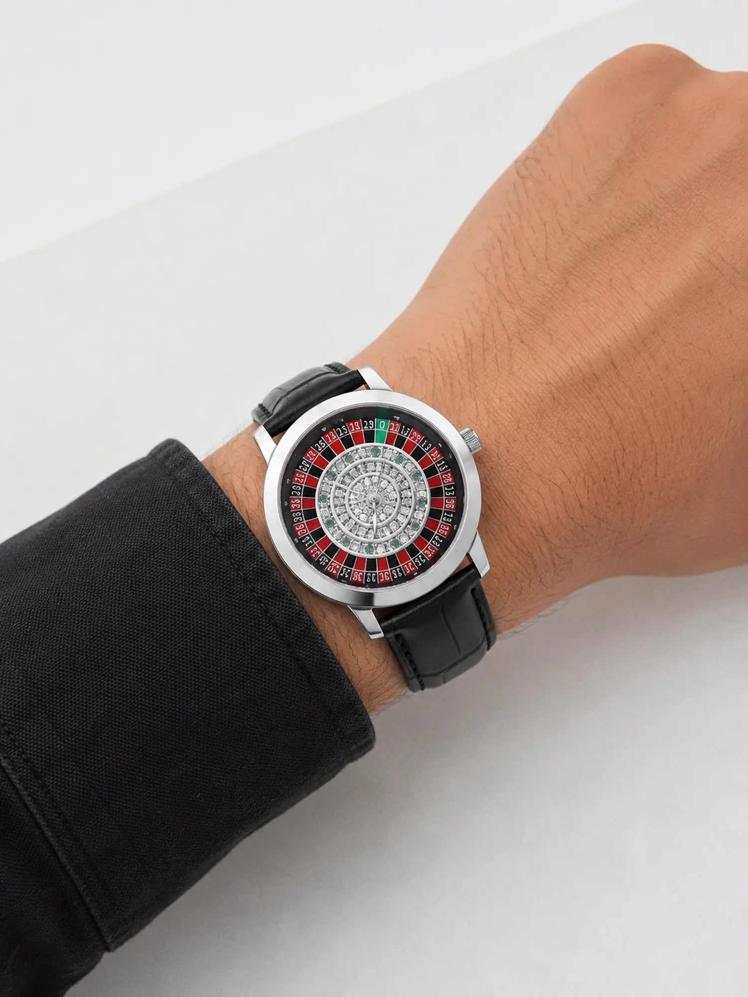 925 Silver Automatic Roulette Dial Watch with Genuine Leather Strap