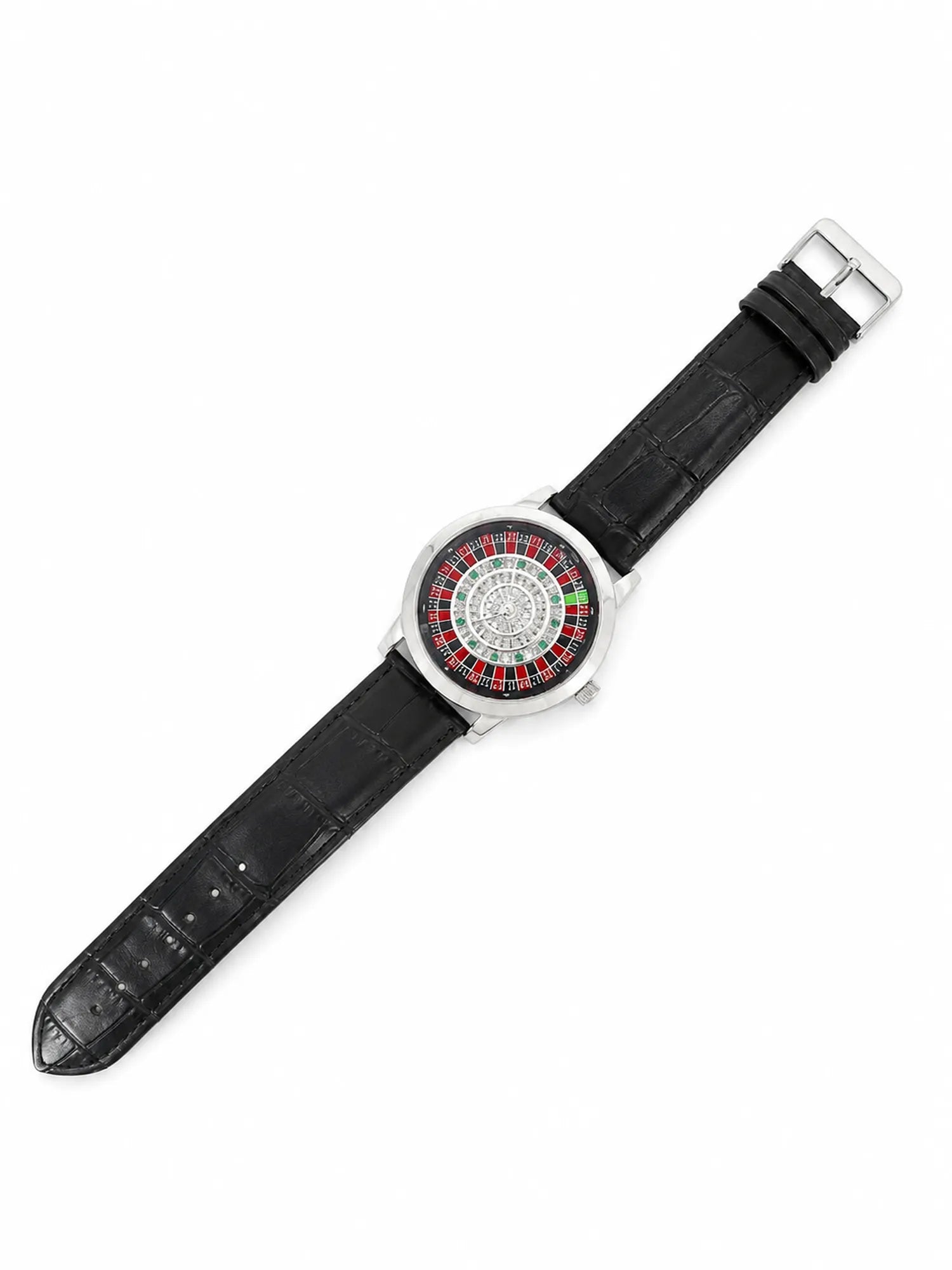 925 Silver Automatic Roulette Dial Watch with Genuine Leather Strap