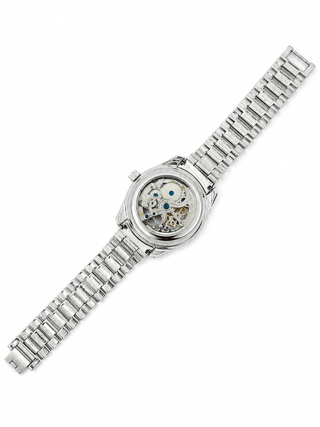 925 Silver Automatic Skeleton Watch with Silver Bracelet & Rose Gold Bezel