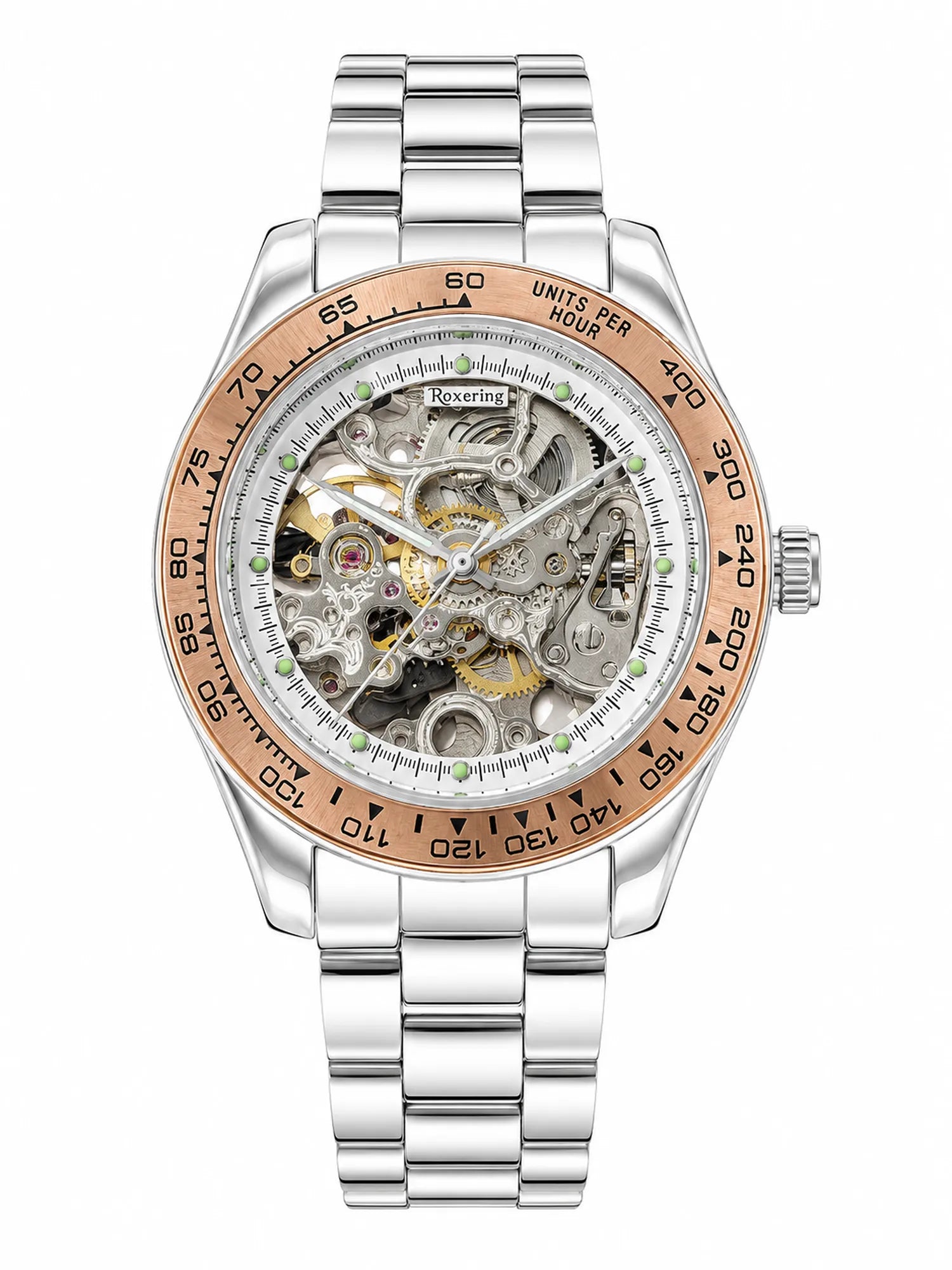 925 Silver Automatic Skeleton Watch with Silver Bracelet & Rose Gold Bezel