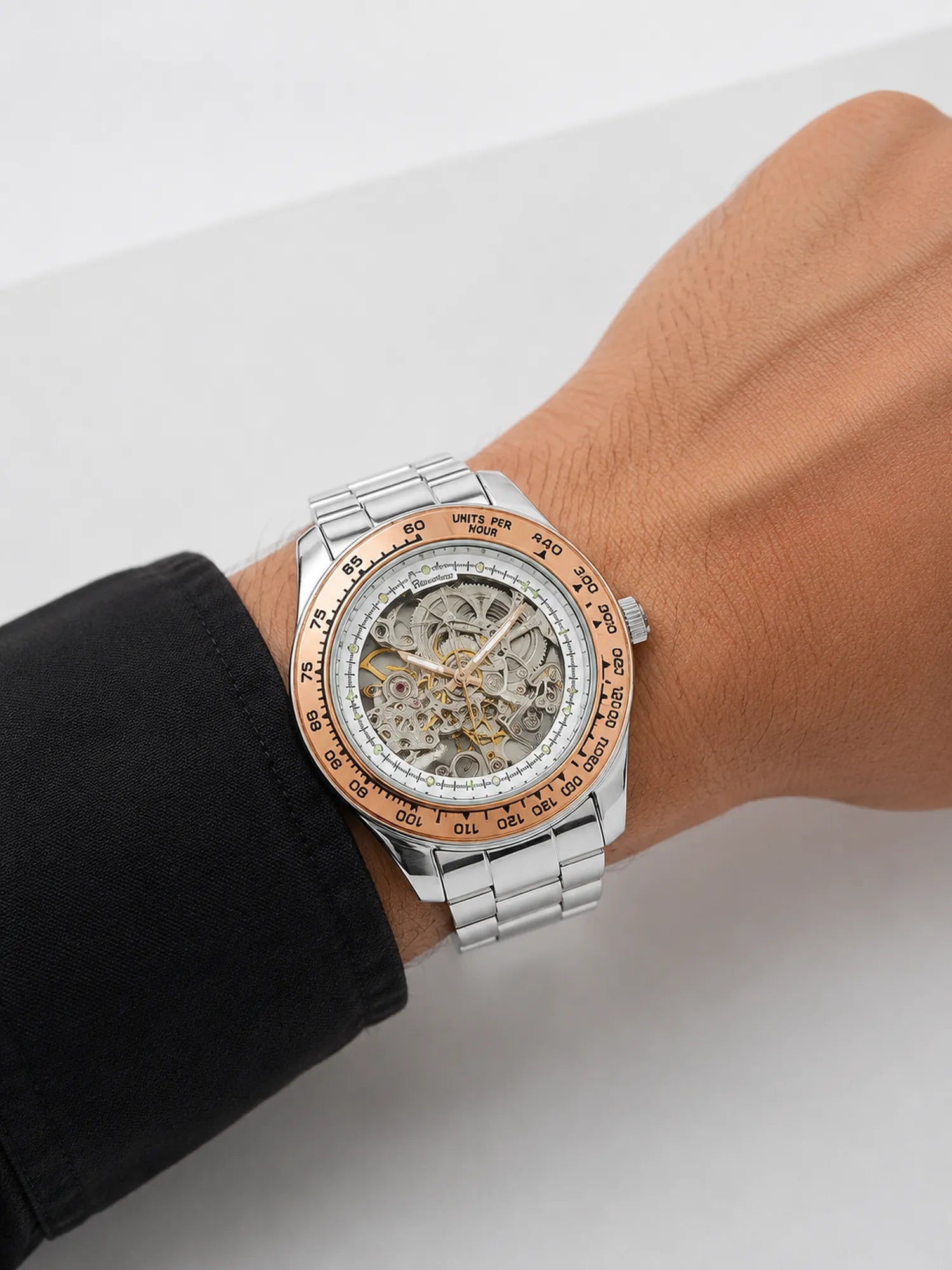 925 Silver Automatic Skeleton Watch with Silver Bracelet & Rose Gold Bezel