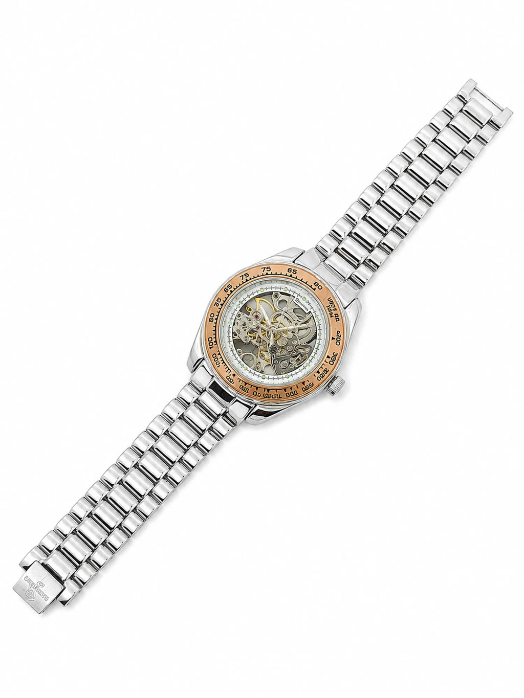 925 Silver Automatic Skeleton Watch with Silver Bracelet & Rose Gold Bezel