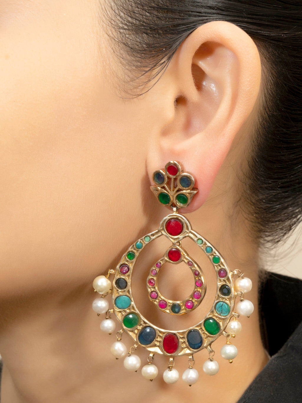 Gold Polished Color Stone Chand-Bali
