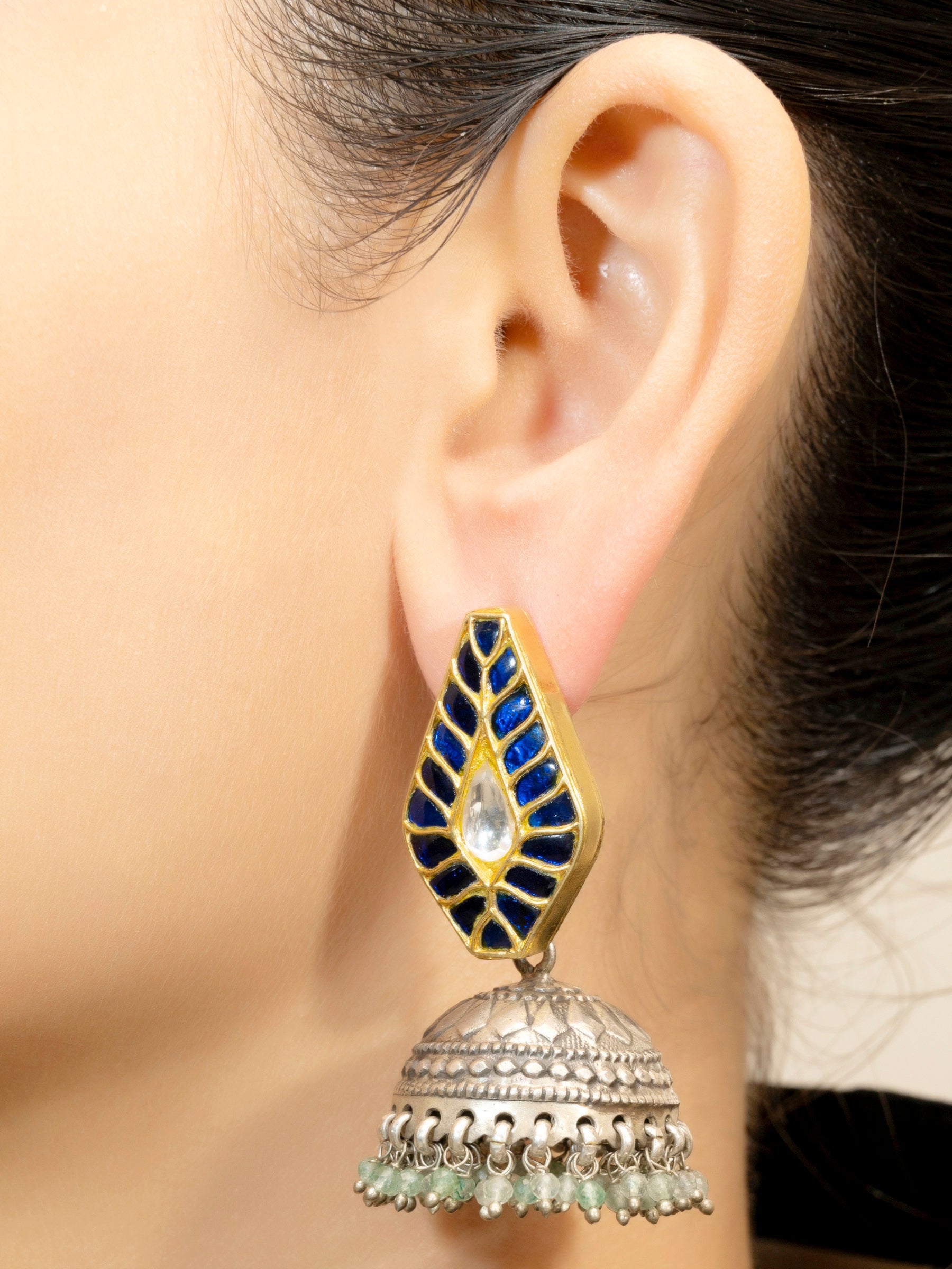 Dual Tone Blue Glass Stone Earring