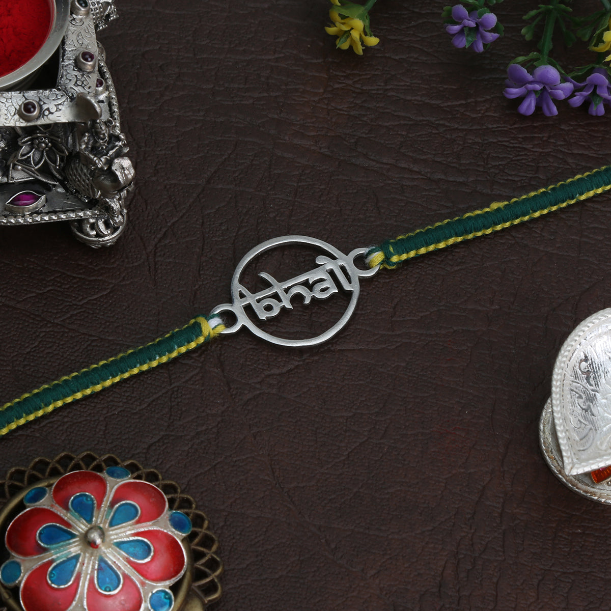 Silver Bhai Motif Rakhi