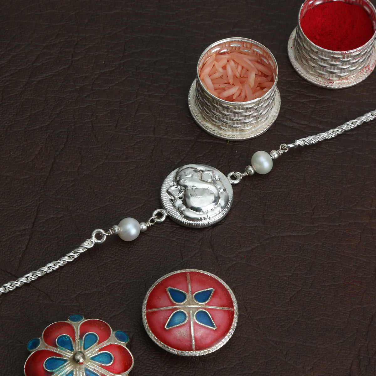 Ganpati Silver Chain  Pearl Rakhi